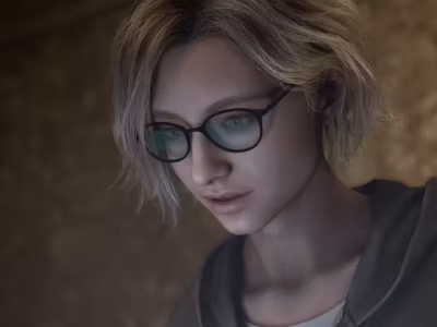 Грейс из Resident Evil Requiem в очках и короткими светлыми волосами за компьютером