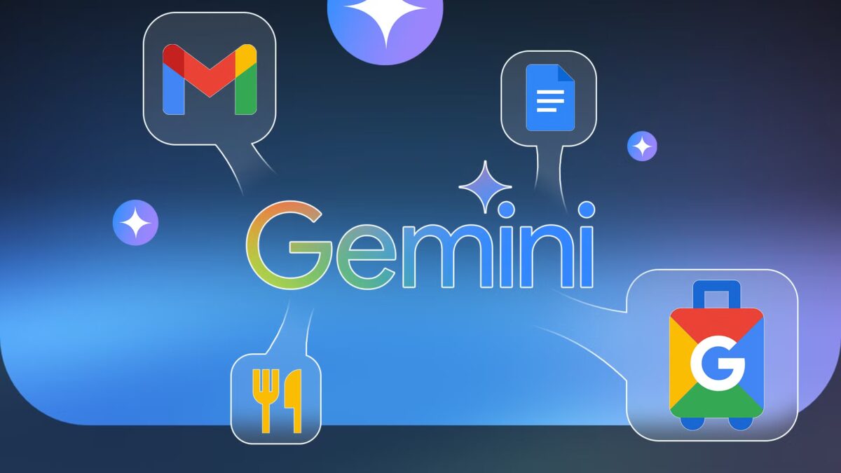 Иконка приложения Google Gemini с вкладкой Discover и мини-иконками Gmail, Google Документы и Google Travel