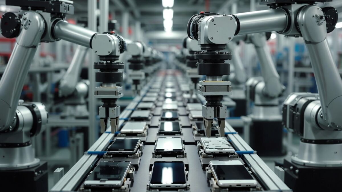 Промышленный робот занимается сборкой смартфонов Xiaomi на конвейере