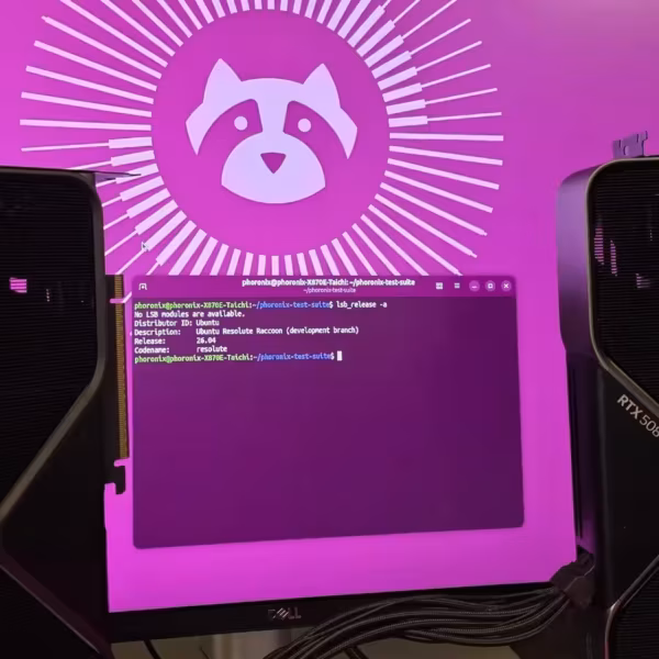 Две видеокарты NVIDIA GeForce RTX 5090 на экране монитора в обзоре Phoronix