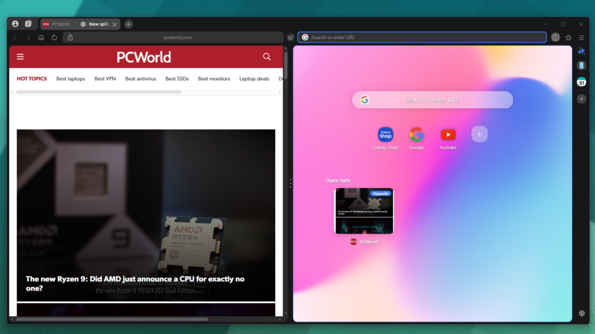 Браузер Samsung Internet с поддержкой Galaxy AI на экране Windows