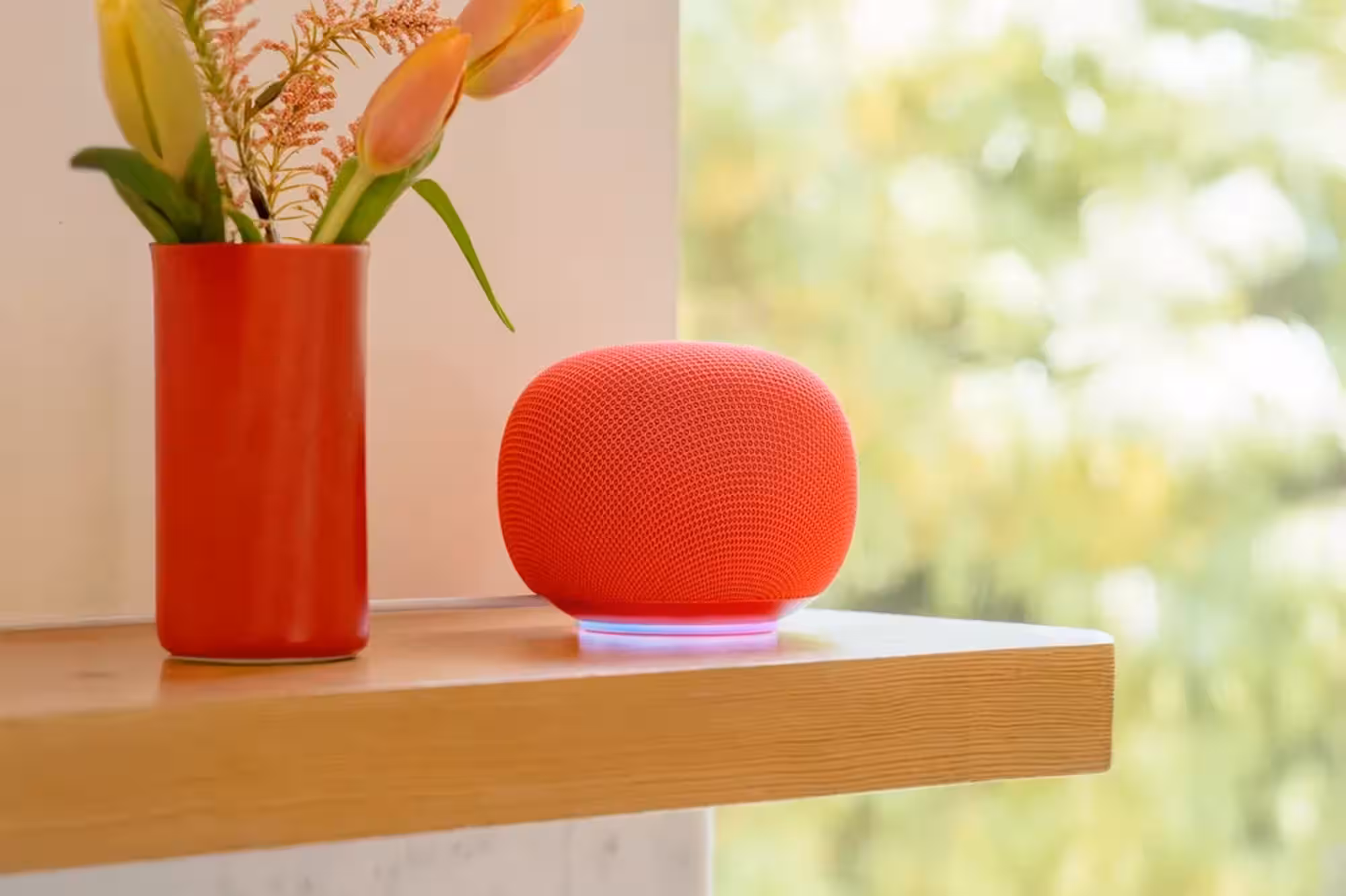 The Google Home Speaker sits on a shelf.