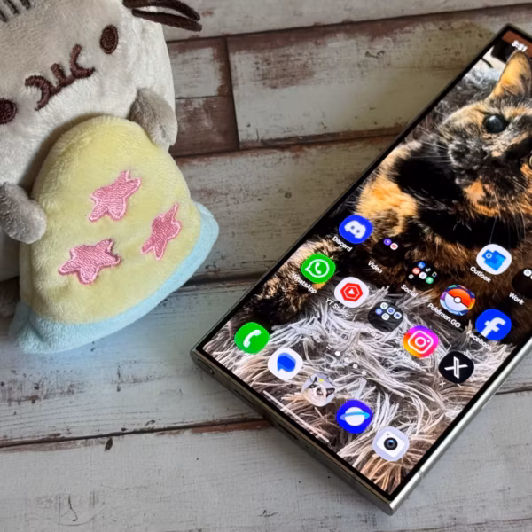 Складной смартфон Samsung Galaxy S24 с интерфейсом One UI и обоями с котиком