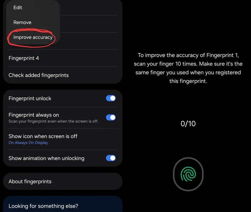 Меню настроек улучшения точности отпечатков пальцев в Samsung Galaxy S26