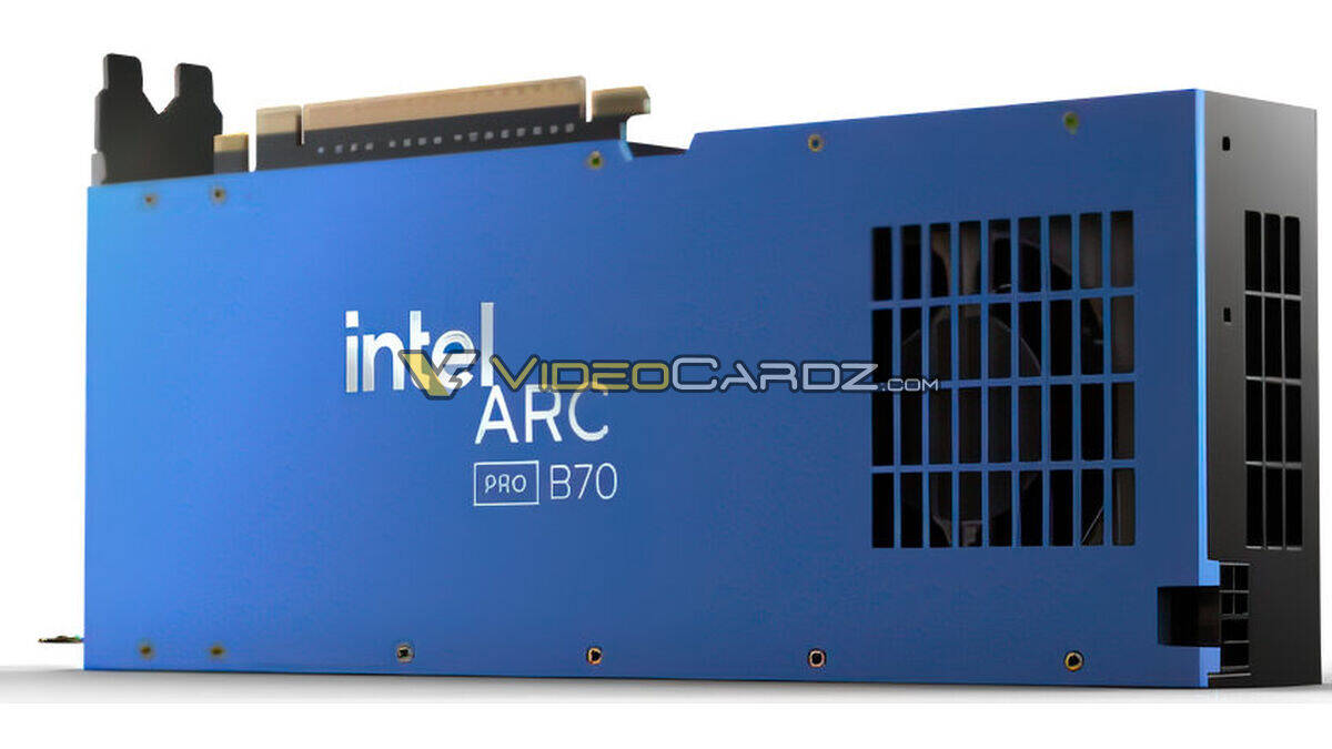 Видеокарта Intel Arc Pro B70 в синем корпусе с вентиляционными отверстиями и системой охлаждения