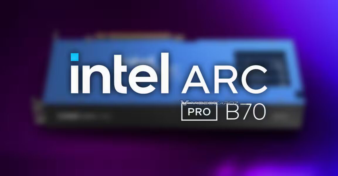 Логотип Intel Arc Pro B70 видеокарты на синем фоне