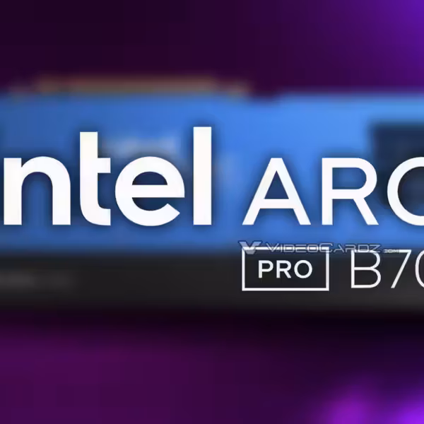 Логотип Intel Arc Pro B70 видеокарты на синем фоне