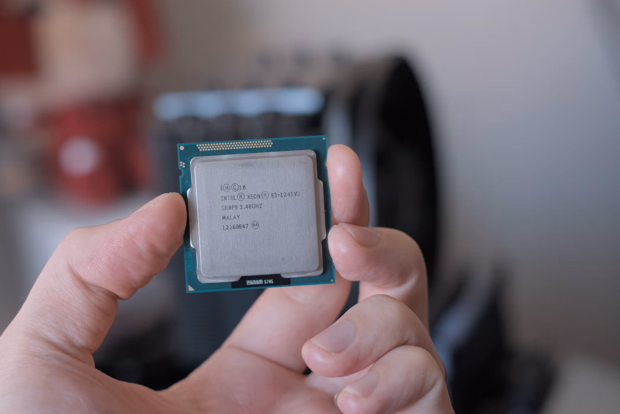 Человеческая рука держит CPU Intel Xeon E3-1245 V2 от Nvidia DGX Rubin NVL8