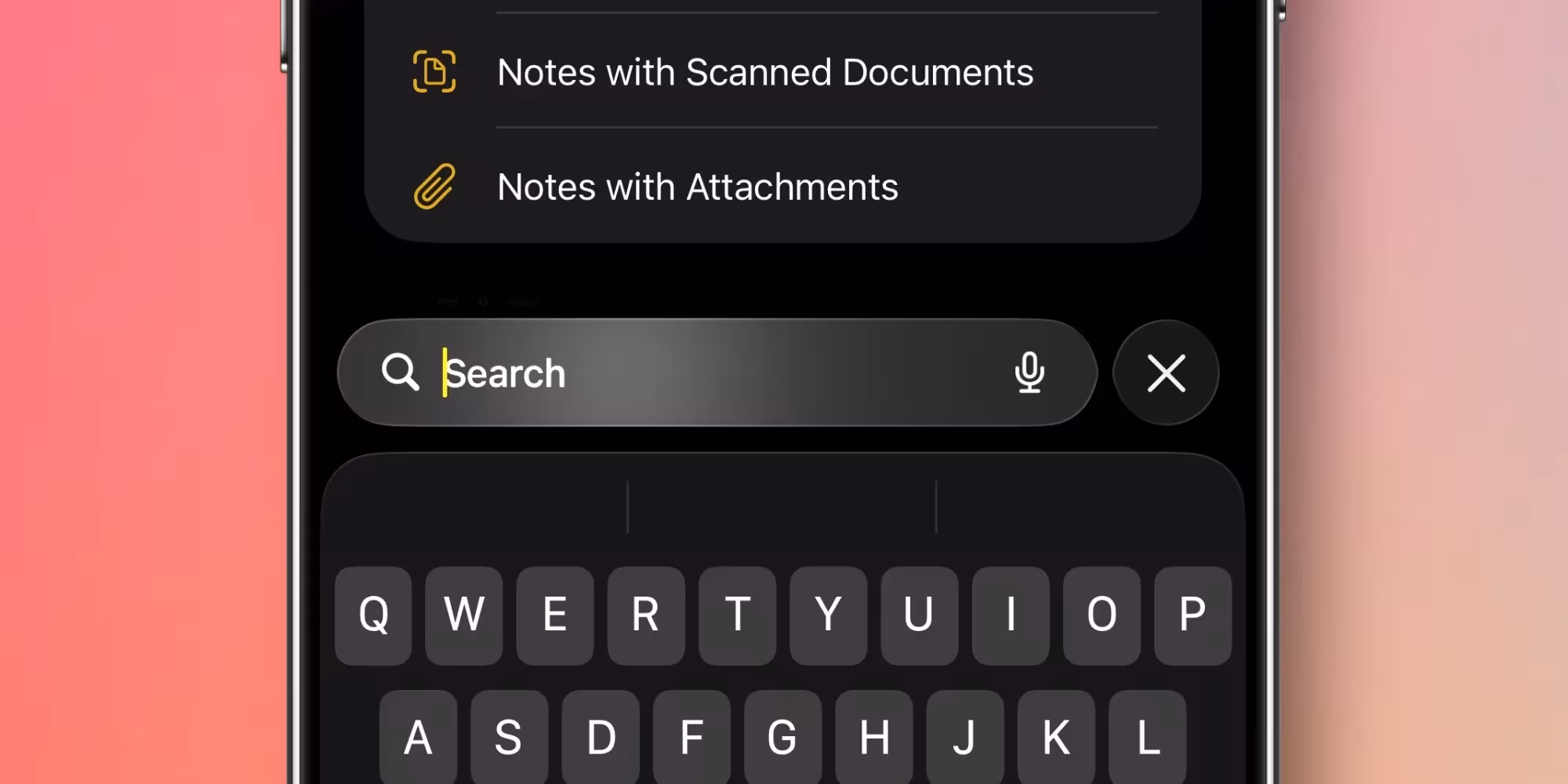 поиск в Notes на iPhone сдерживаем клавиатуру словом Note