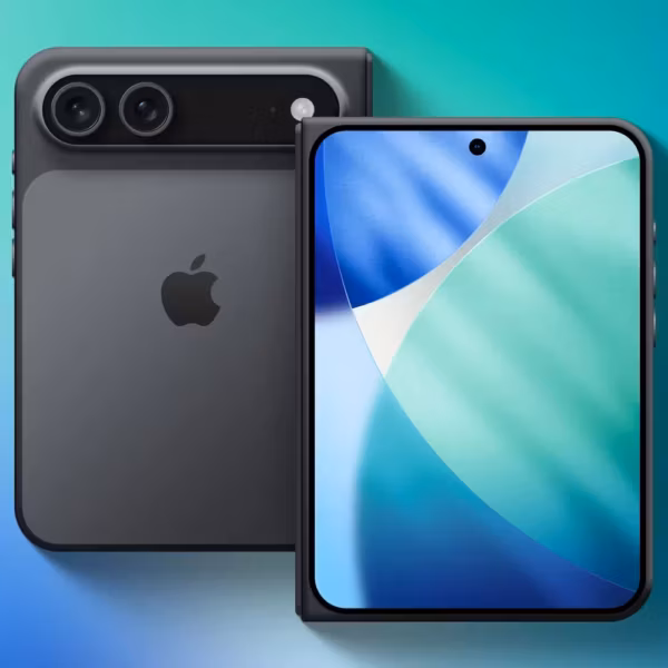 iPhone Fold mockup: вид устройства с двумя объективами камеры в синем цвете
