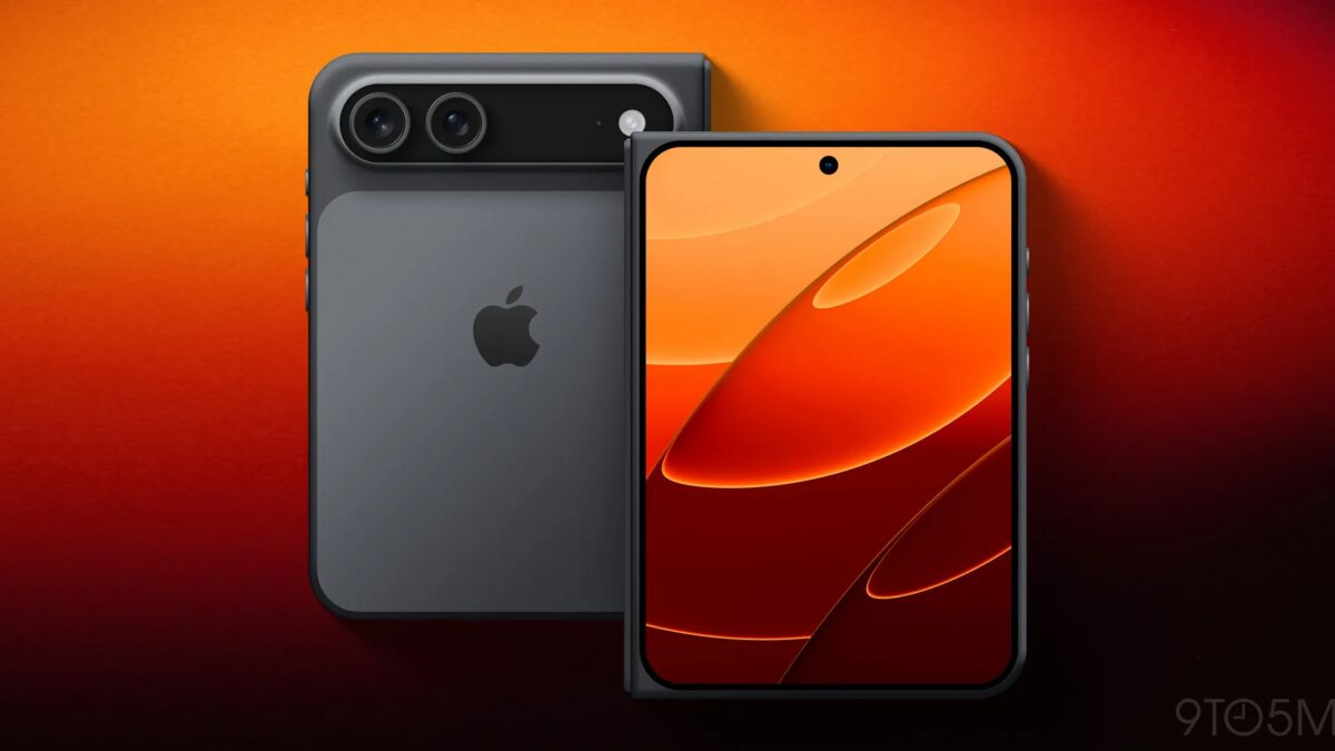 iPhone Fold в черном цвете — раскрытый дисплей и задняя камера, редактируемый макет