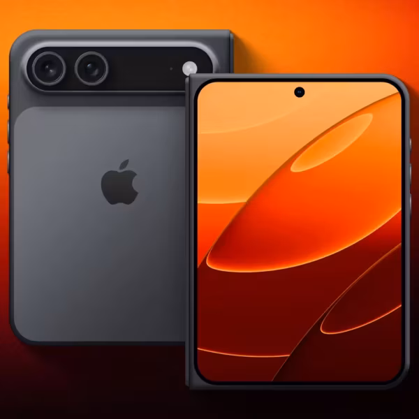 iPhone Fold в черном цвете — раскрытый дисплей и задняя камера, редактируемый макет