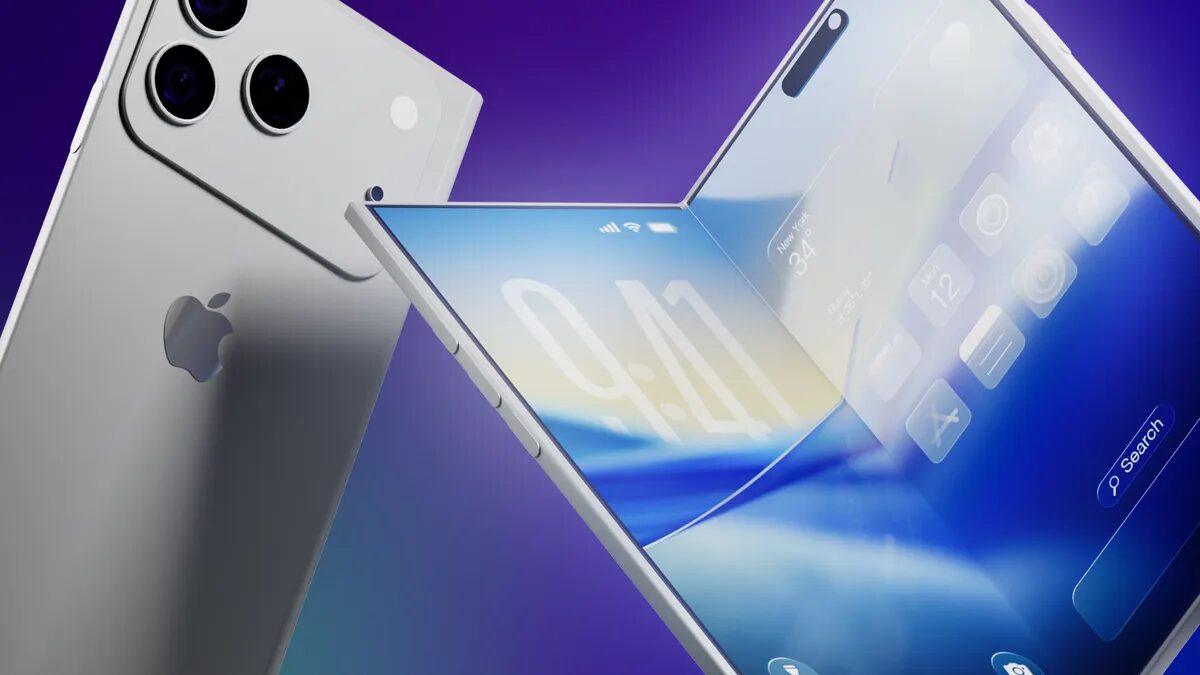 Apple iPhone Fold: передняя часть и задняя крышка с модулем камеры, общий вид при раскрытии