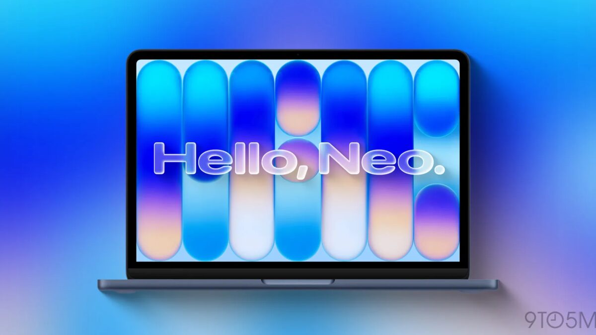 Ноутбук MacBook Neo на градиентном фоне голубой и фиолетовый Hello Indigo