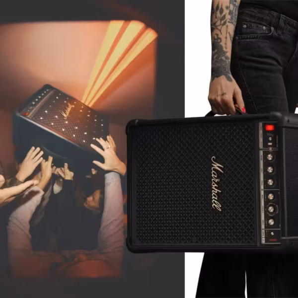 Музыкальный динамик Marshall Bromley 450 с 360° звуком и 40 часами автономной работы в руках человека