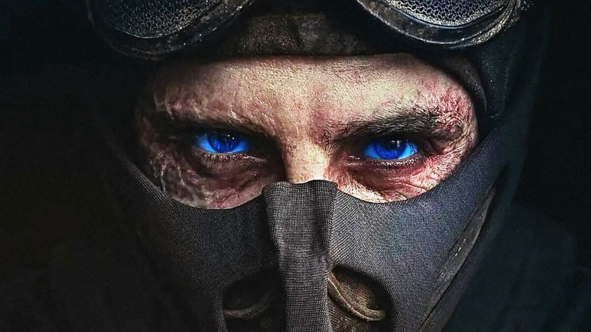 Фотореалистичный портрет человека в маске с синими глазами в стиле «Дюны»