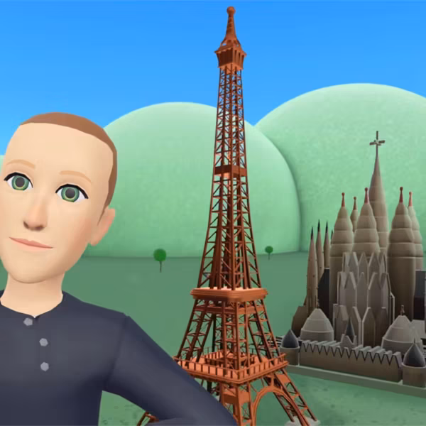 Аватар в Horizon Worlds на VR-гарнитуре Meta Quest среди парижских достопримечательностей и Эйфелевой башни
