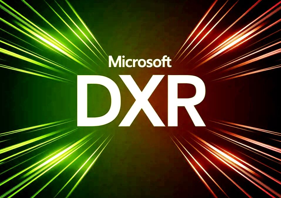Логотип Microsoft DXR на фоне зеленых и красных лучей
