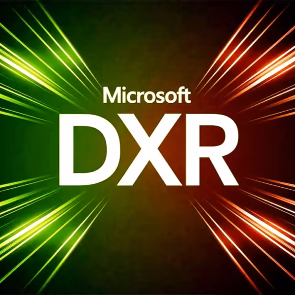 Логотип Microsoft DXR на фоне зеленых и красных лучей