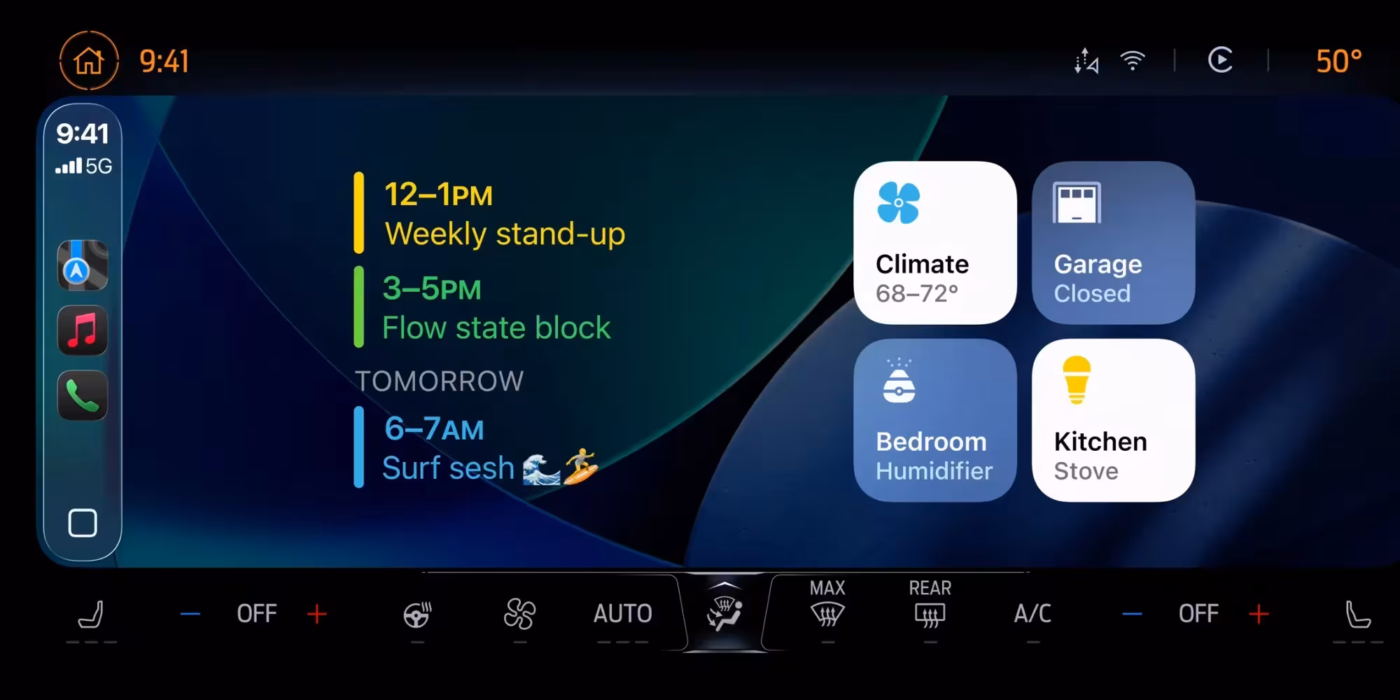 Экран CarPlay с расписанием и виджетами для автомобиля