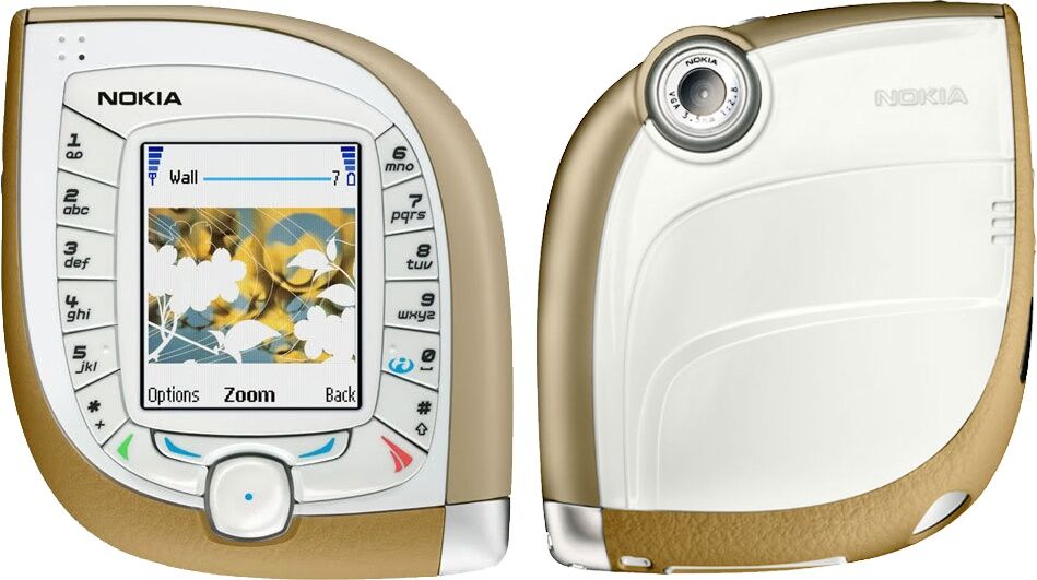 Кнопочный телефон Nokia с бело-золотым дизайном вид сбоку и спереди