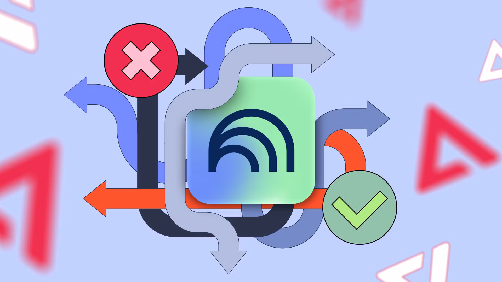 Логотип NotebookLM, окружённый стрелками, указывающими на красный крест и зелёную галочку