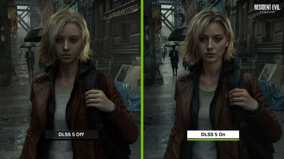 Головной снимок персонажа из Resident Evil с эффектом DLSS 5 от Nvidia на фоне улицы