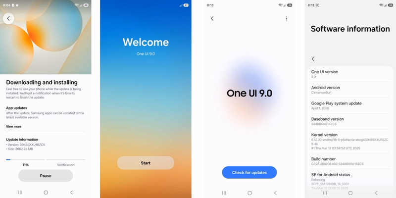 Экран скачивания и установки обновления One UI 9.0 на Galaxy S26 Ultra с прогрессбаром и кнопками Start и Pause
