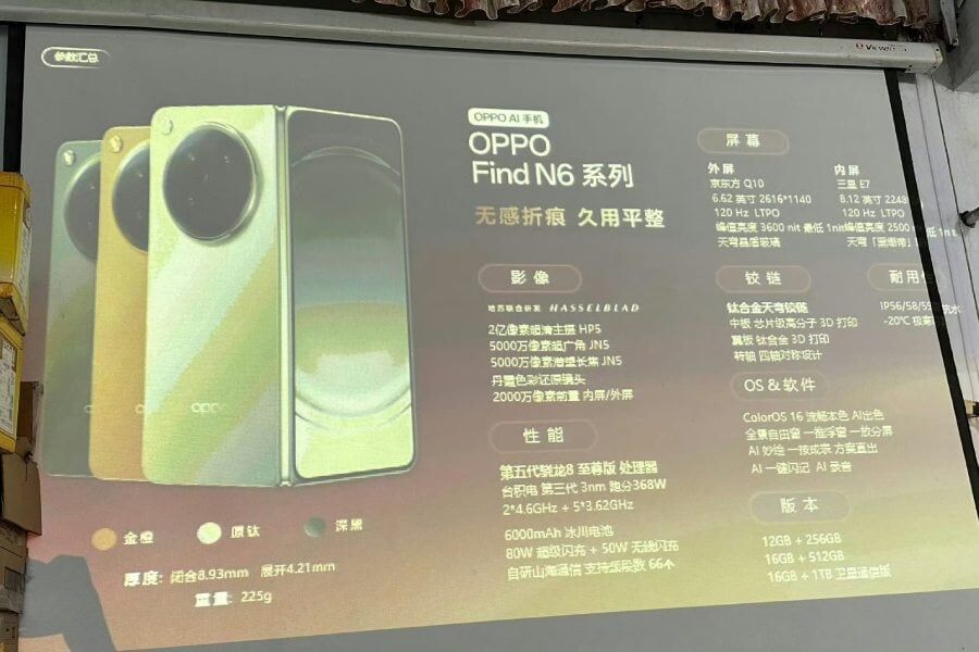 Oppo Find N6 — боковой вид с экраном и задней крышкой, видна петля и толщина