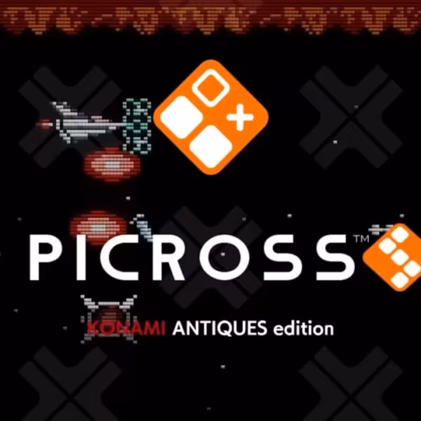Экран Picross S: Konami Antiques Collection на Nintendo Switch с пиксельной сеткой и космическим фоном