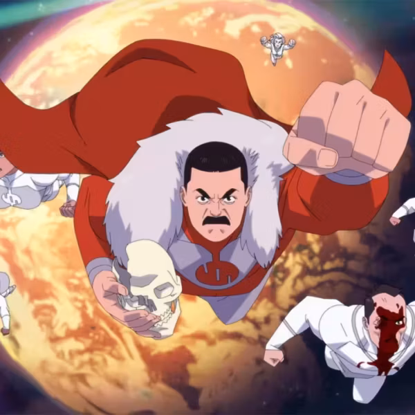 Кадр из Invincible: герои в космосе, Земля на фоне и злодей Трагг из Вилтрумита