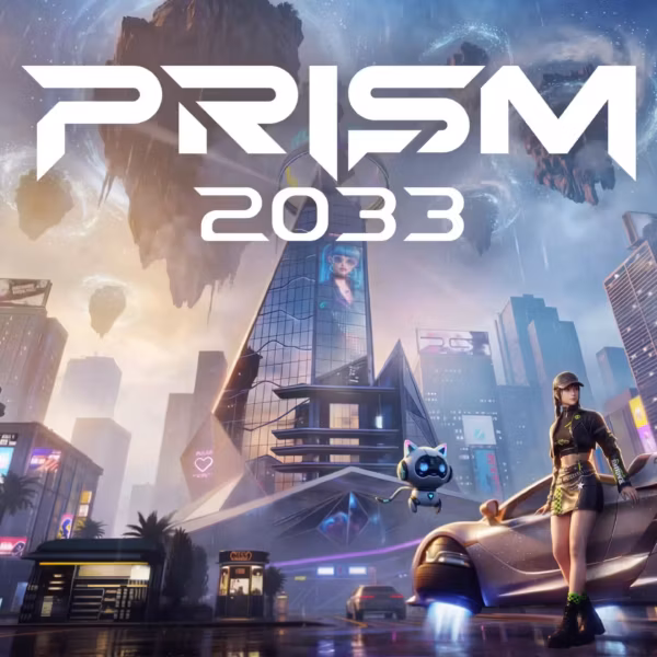 Футуристический город и девушка в костюме с спорткаром Prism 2033 в анонс-арт MMORPG для ПК и мобильных