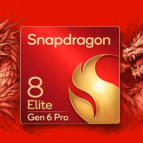 Логотип Qualcomm Snapdragon 8 Elite Gen 6 Pro с двумя драконами на красном фоне