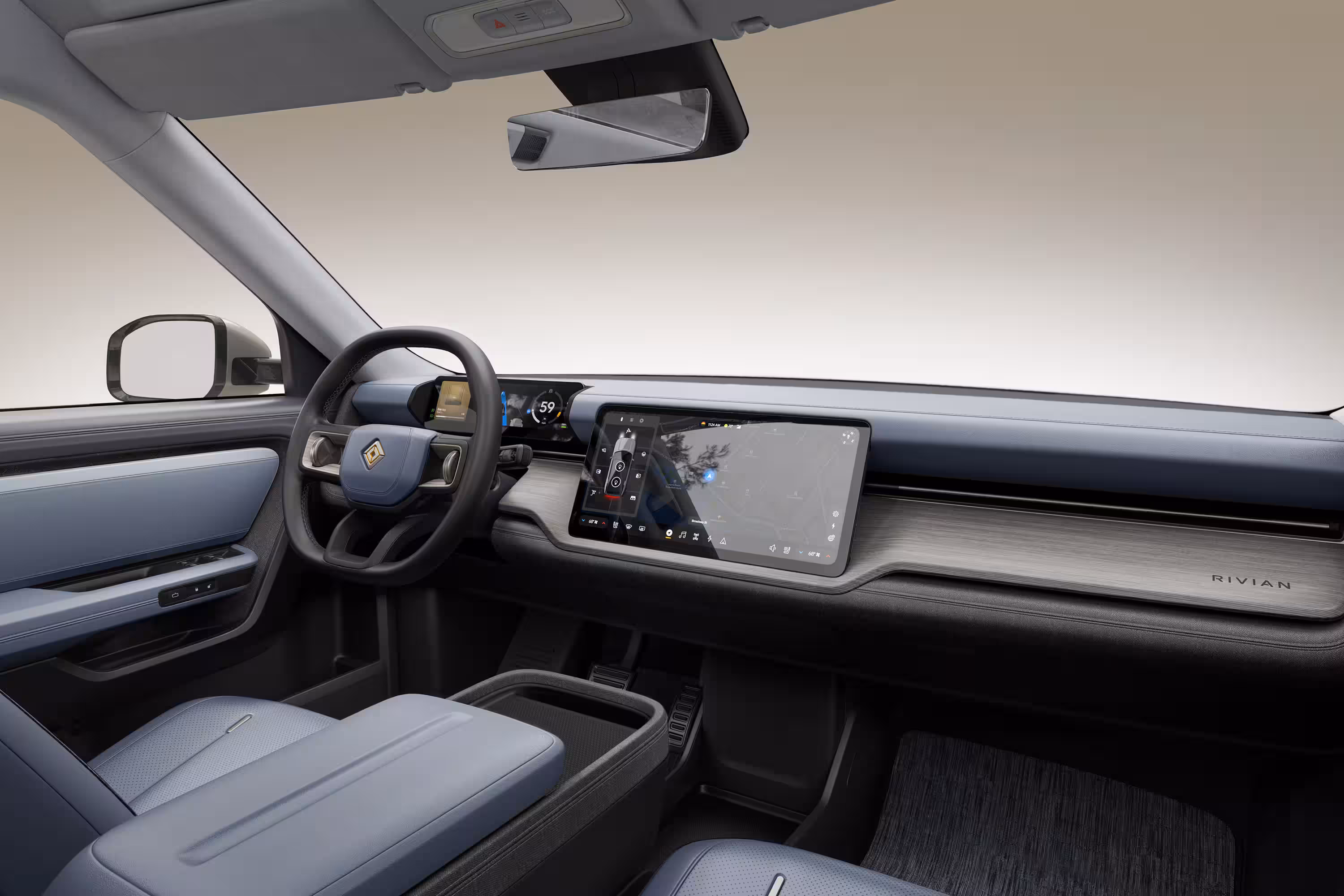 Интерьер электромобиля Rivian R2 Performance с большим дисплеем