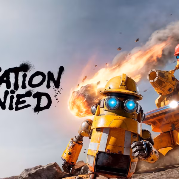 Роботы в строительном костюме Salvation Denied летящие в сторону взрыва