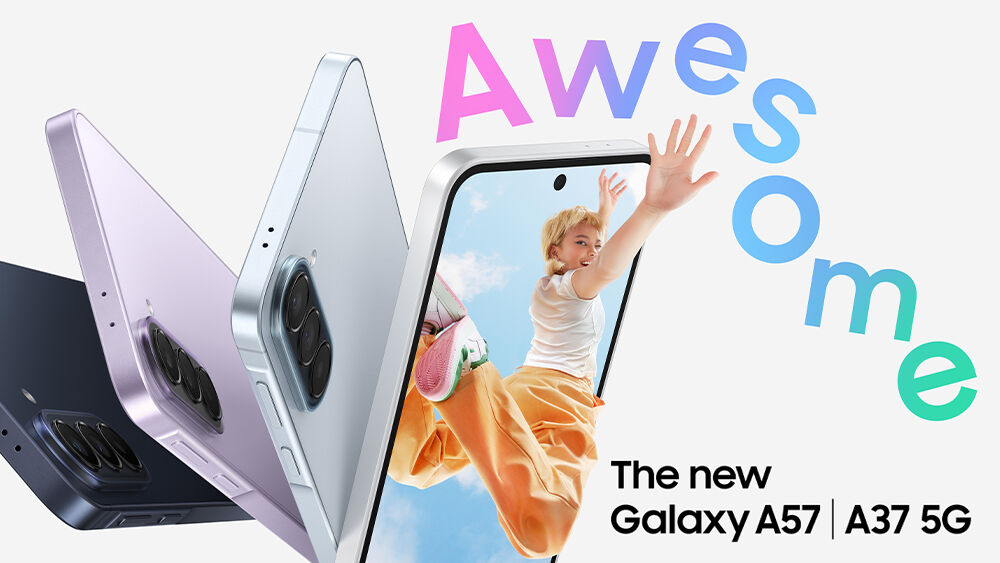 Три смартфона Samsung Galaxy A57 5G и Galaxy A37 5G с разноцветными корпусами