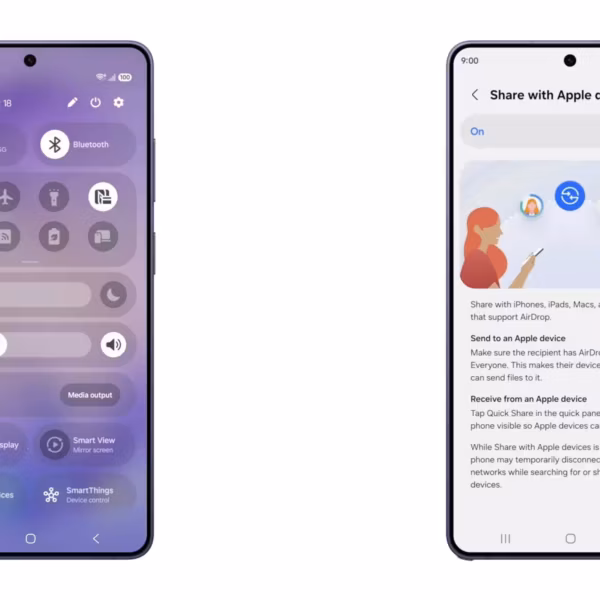 Экран Samsung Galaxy S26 с функцией AirDrop через Quick Share