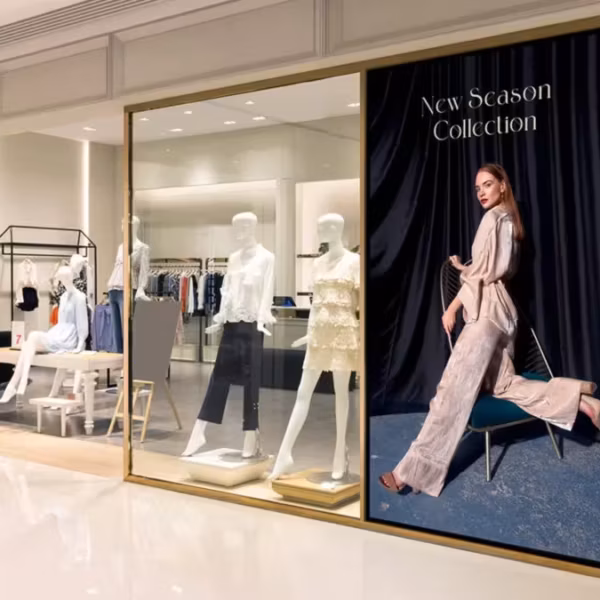 Интерьер магазина с коллекционным окном и рекламным дисплеем Samsung Smart Signage QHFX115