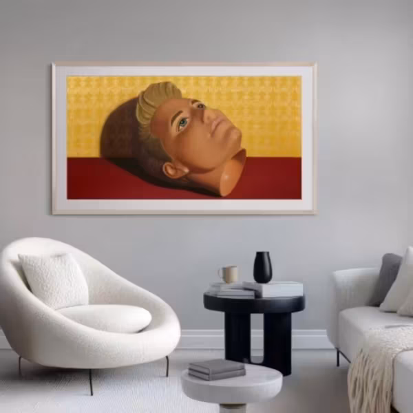 Интерьер гостиной с картиной Art Basel Hong Kong 2026 на телевизоре Samsung The Frame 2026