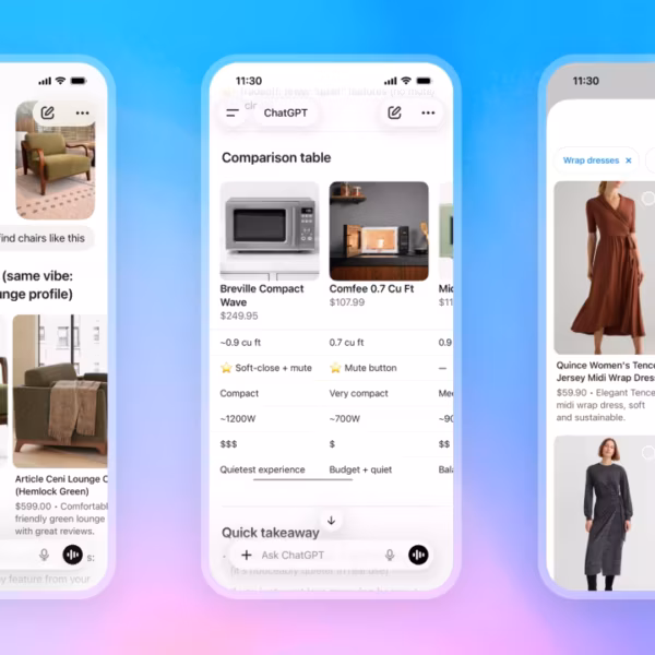 Мобильный интерфейс ChatGPT на экране телефона с поиском и подбором товаров