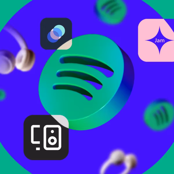 Логотип Spotify на фоне иконок приложений в Android, иллюстрация функций Spotify Connect и плейлистов