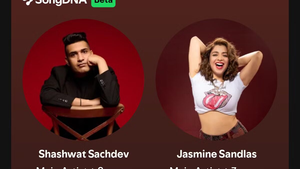 Экран приложения Spotify с информацией о песне Жайе Саджане и фотографиями артистов