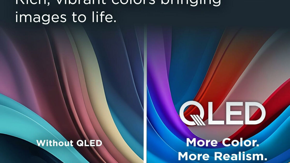Рекламный плакат телевизора TCL с технологией QLED и яркими волнами света