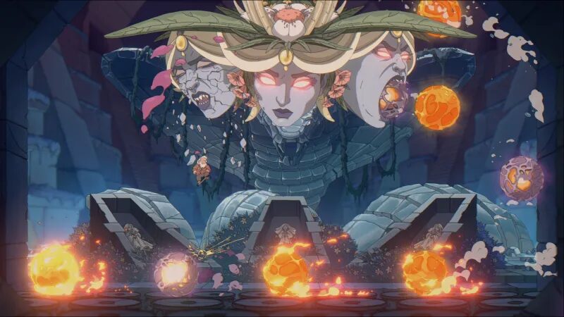 Тёмная статуя с тремя головами и огнями внизу игра The Eternal Life of Goldman
