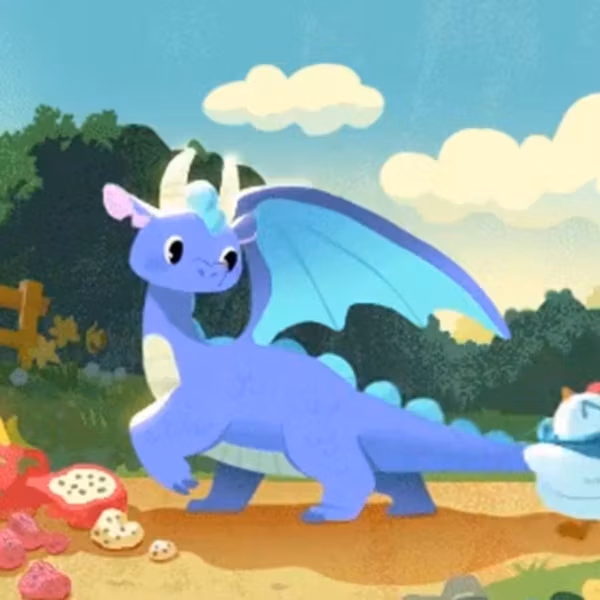 Дракон с крыльями и рогами на лужайке в саду, иллюстрация для Steam весенней распродажи 2026