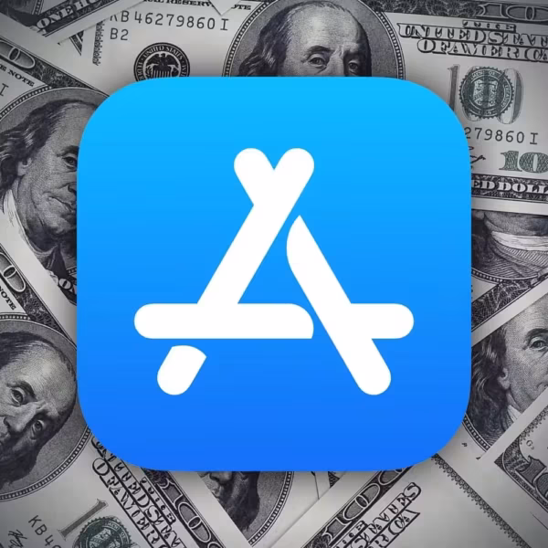 Иконка App Store на фоне американских долларов в материале про доходы Apple от генеративного ИИ