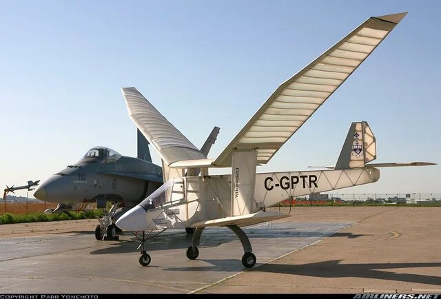 Планер с большими крыльями и легким каркасом на взлетной полосе