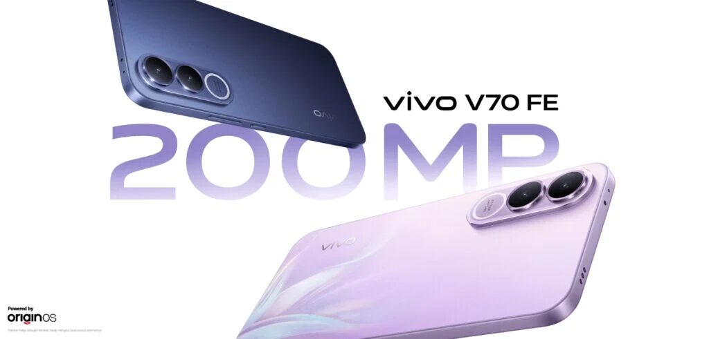 Смартфон Vivo V70 FE в голубом и фиолетовом цветах с тройной камерой