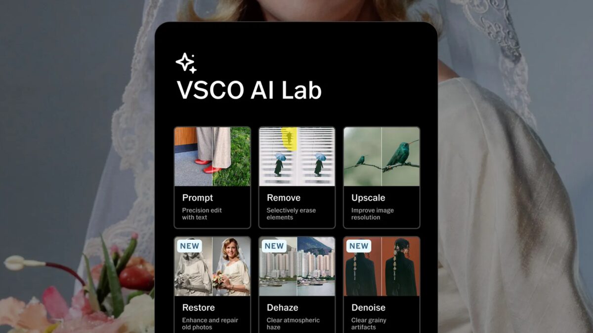 Интерфейс VSCO AI Lab на экране смартфона с пятью новыми ИИ-инструментами редактирования фото