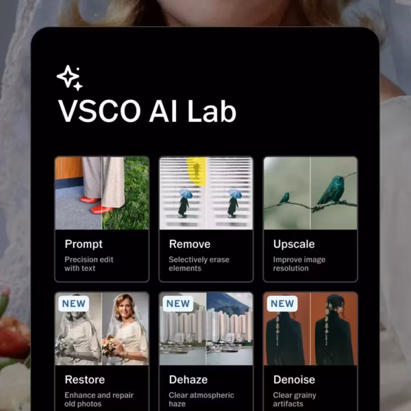 Интерфейс VSCO AI Lab на экране смартфона с пятью новыми ИИ-инструментами редактирования фото